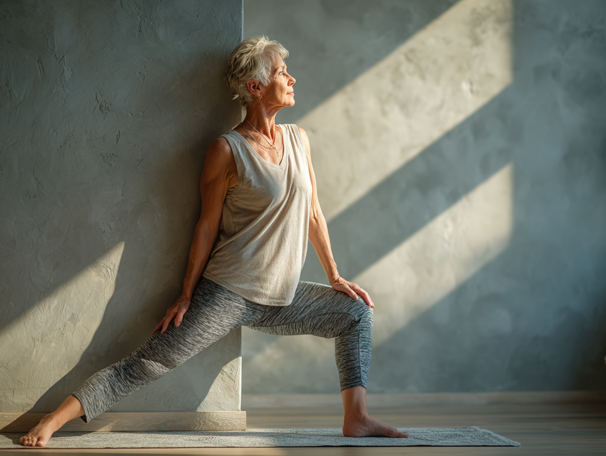 Група людей середнього віку займається творчим рухом та йогою в світлій студії